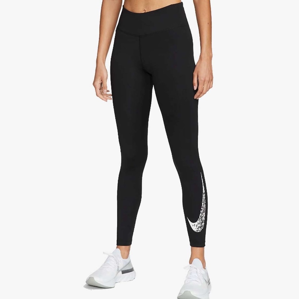 NIKE Black One Dri-Fit Swoosh‎ Run Mid-Rise 7/8 Active Running Leggings Size M